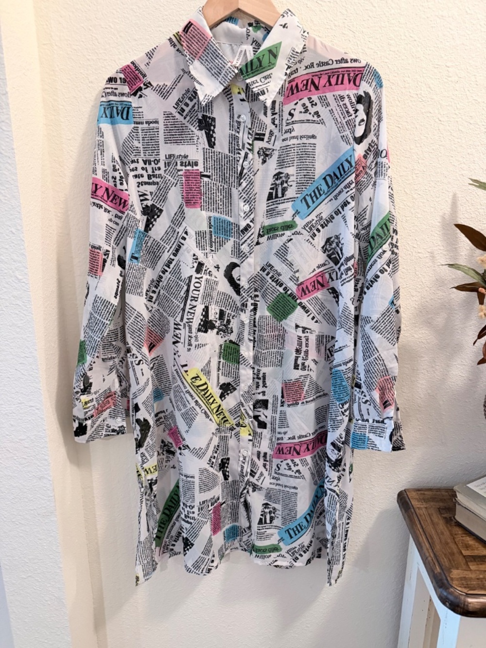 Live 4 Truth Newspaper Print Sheer Shirt Dress Tunic Medium - Picture 3 of 7